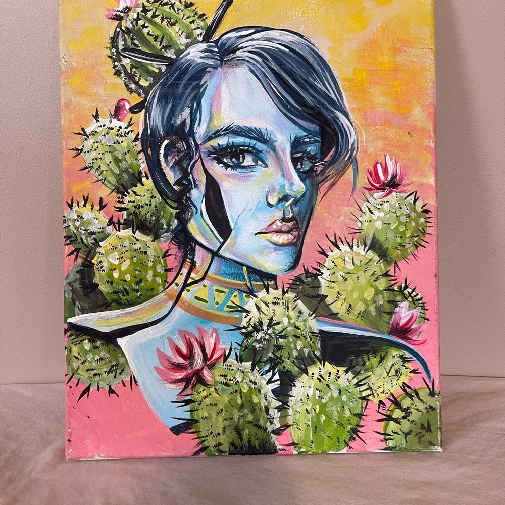 Original Abstract Painting Women Girl Cactus Fantasy Canvas Wall Art Decor Rare